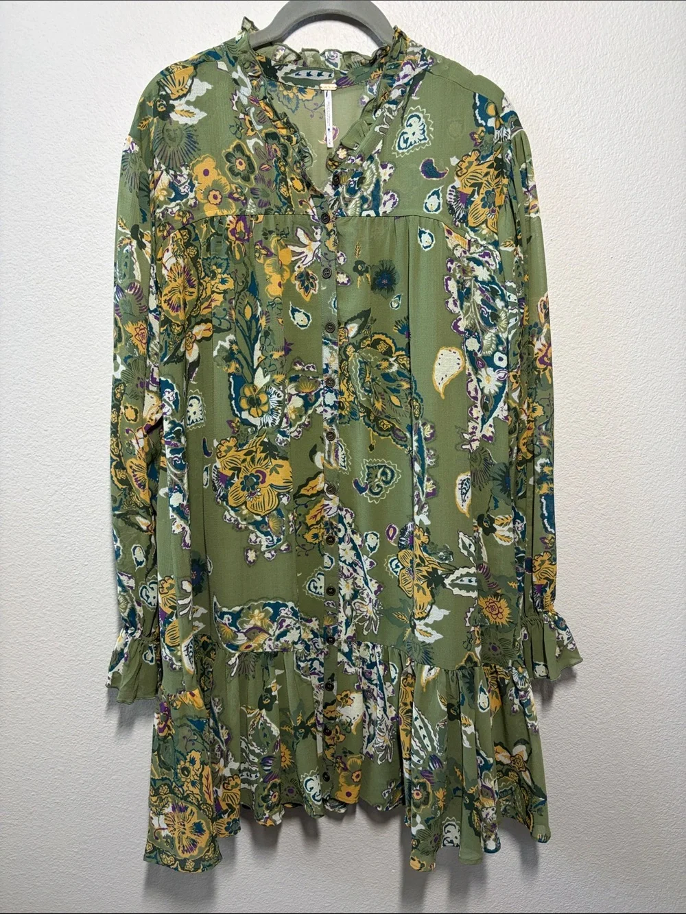 Free People Olive Green Floral Ruffle-Hem Long Sleeve Dress